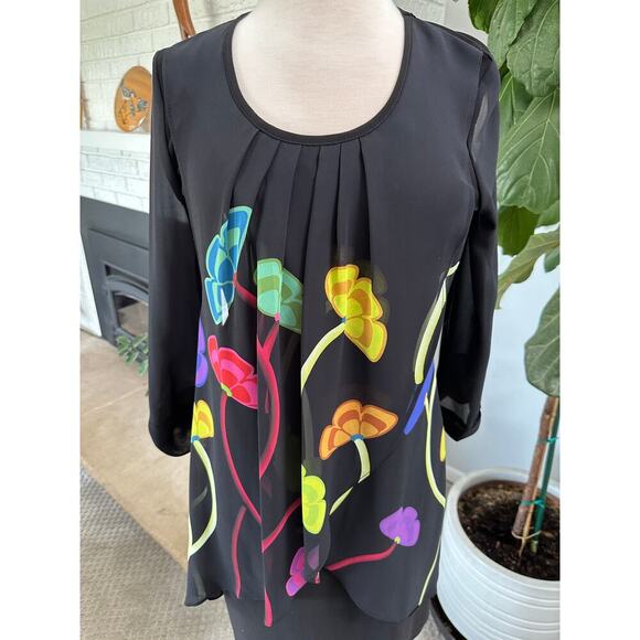 Women LS Black Floral Midi Dress 8 Boho Sheer Lined Quiet Luxury Asymmetric - Picture 4 of 13